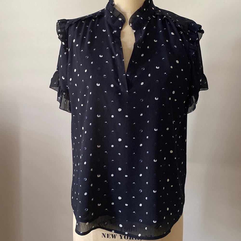 J Crew ruffle dot navy top size Medium